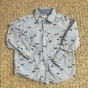 🍀5/$20 Carters Kids' Light Blue Button-Down Shirt with monster trucks Pattern